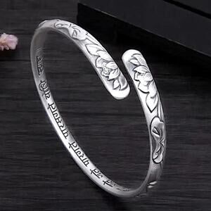 Sterling Silver Lotus Mantra Bangle Bracelet